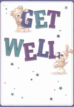Instantly uplifting and full of calm, this get well card captures the comforting embrace that Stroud Green locals so often share. The design's centerpiece features a cuddly teddy, its caramel fur rendered with inviting detail, perched atop the stylized word 'GET.' Below, an eager puppy tenderly nestles up to the large, flowing 'WELL,' both creatures graced with cheerful, expressive faces. Their playful presence is amplified by starbursts scattered across the background, each twinkling in cool shades of blue and violet-a subtle nod to the magical hope we hold for friends or neighbors along Stapleton Hall Road and nearby Crouch Hill. The text, painted in deep purples and teals, leaps from a pristine white base, echoing the clarity and freshness valued by our local customers at Florist Stroud Green. There's an undercurrent of sincere care woven through each illustrated detail, inviting thoughts of carefully crafted bouquets delivered throughout the N4 area-each bloom chosen to lift spirits just as this art does. The tactile appearance of the bear and puppy, with their fluffy outlines and bright eyes, speaks to the healing touch of a friendly visit or a kind word. This scene celebrates the gentle nurture that defines Stroud Green community life-a visual expression of warmth perfect for supporting loved ones on the mend.